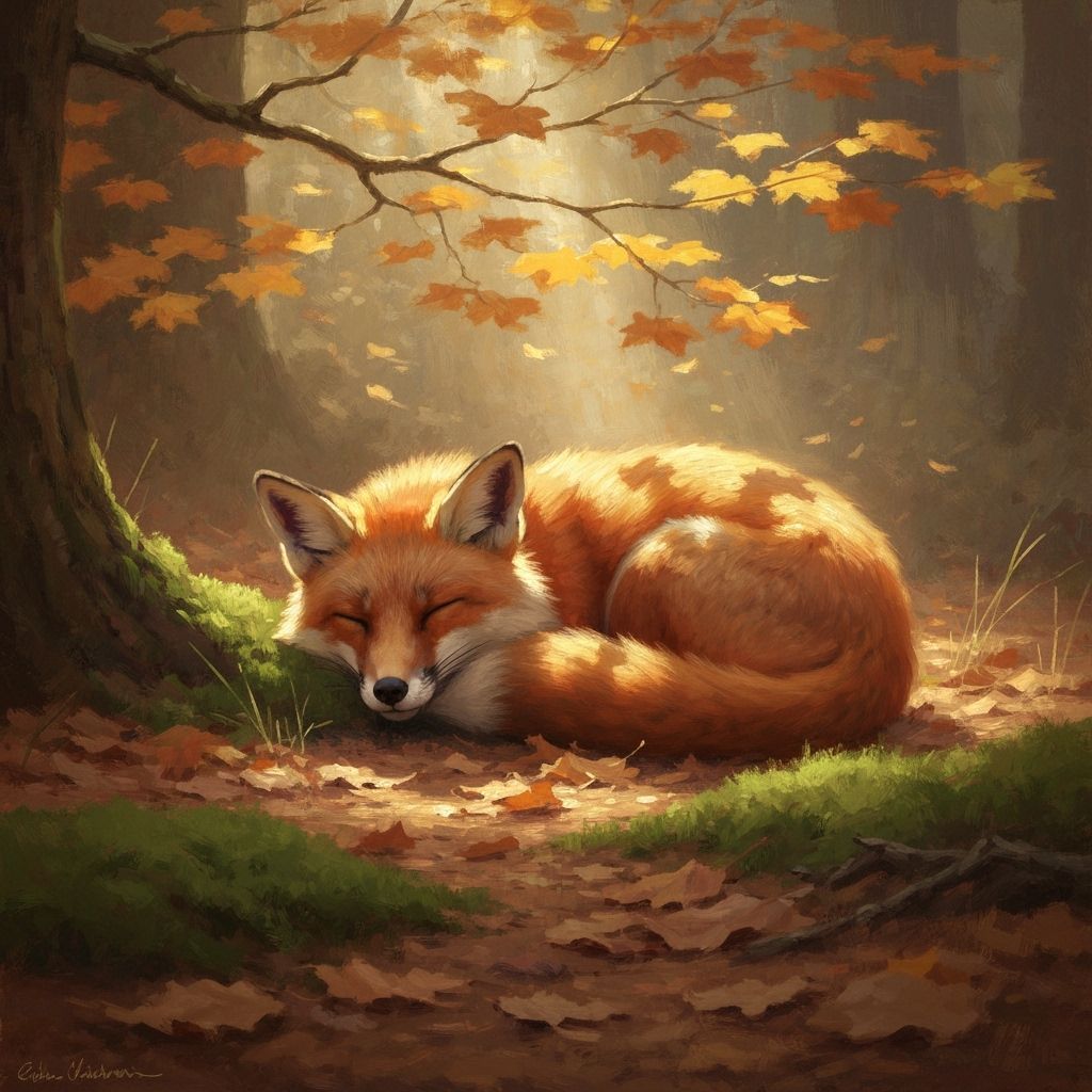 Peaceful Fox Sleeping in Sunlit Forest Clearing