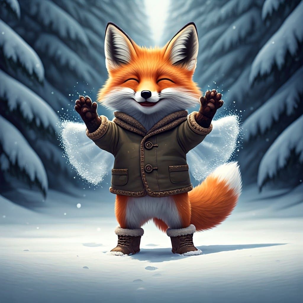 Adorable Winter Fox Makes a Snow Angel in Frosty Wonderland