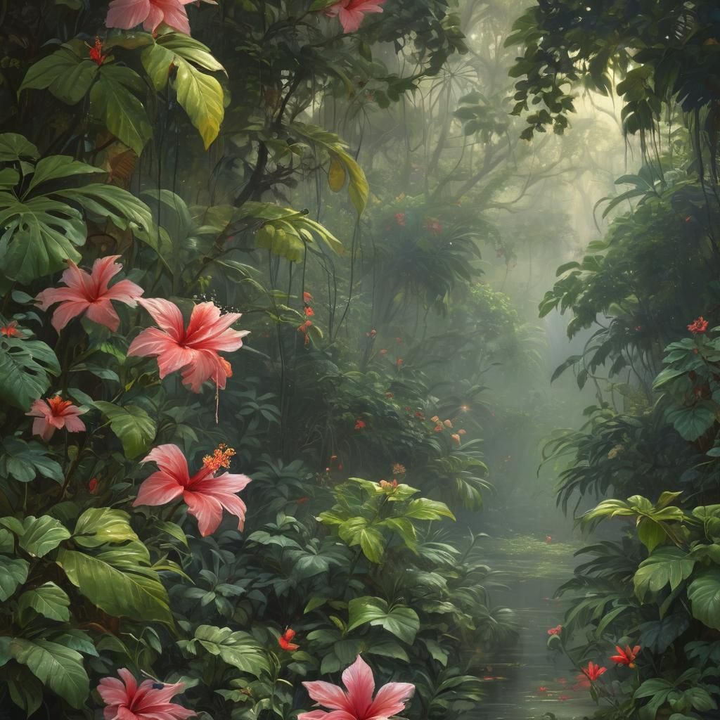 Ethereal Rainforest Waterfall: An Oil Painting Fantasy