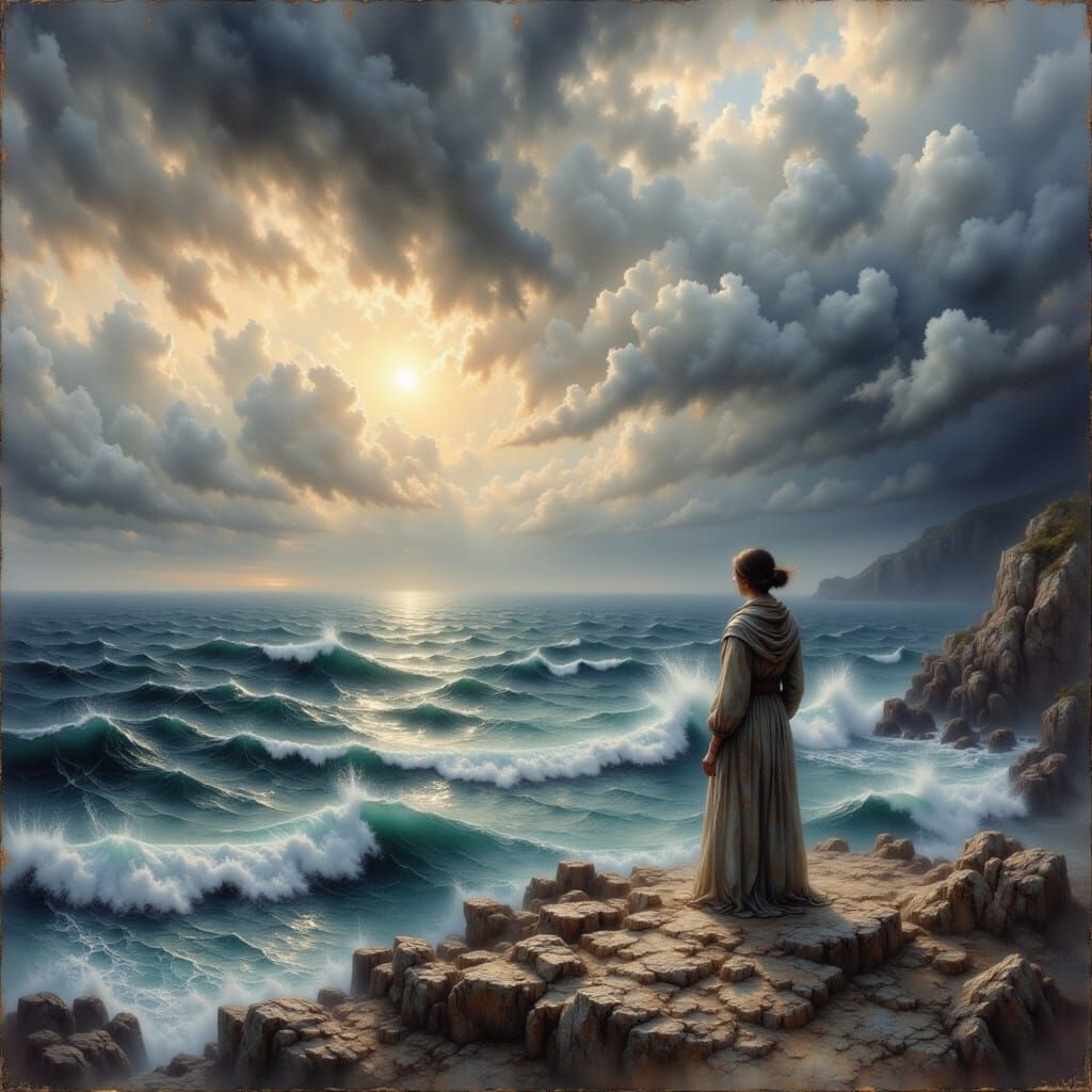 Figure on Windswept Cliff Overlooking Stormy Ocean