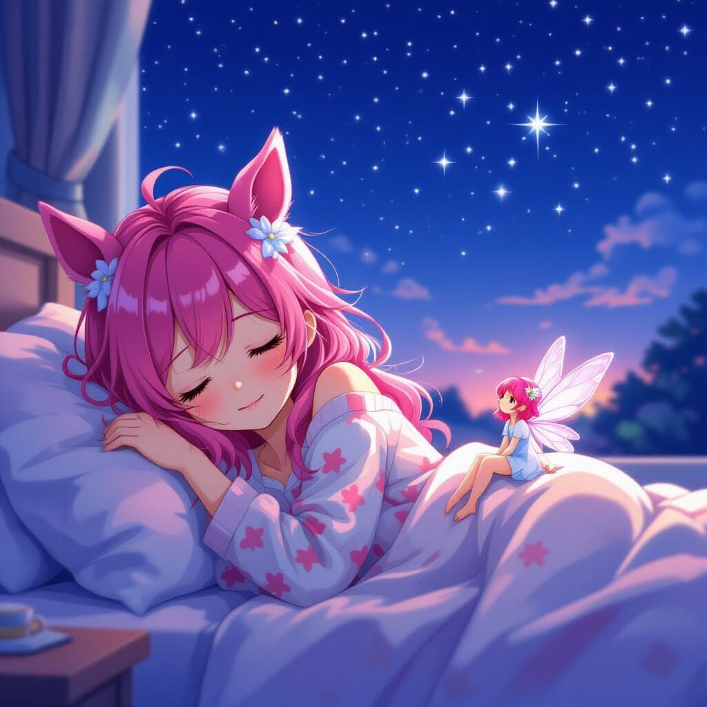 Anime Girl with Horse Ears Sleeps Under Stars