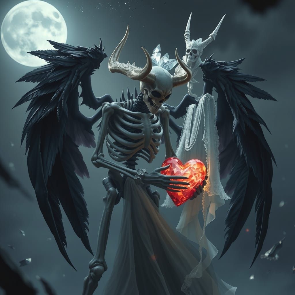 Skeletal Figure Embracing Woman in Gothic Dreamscape