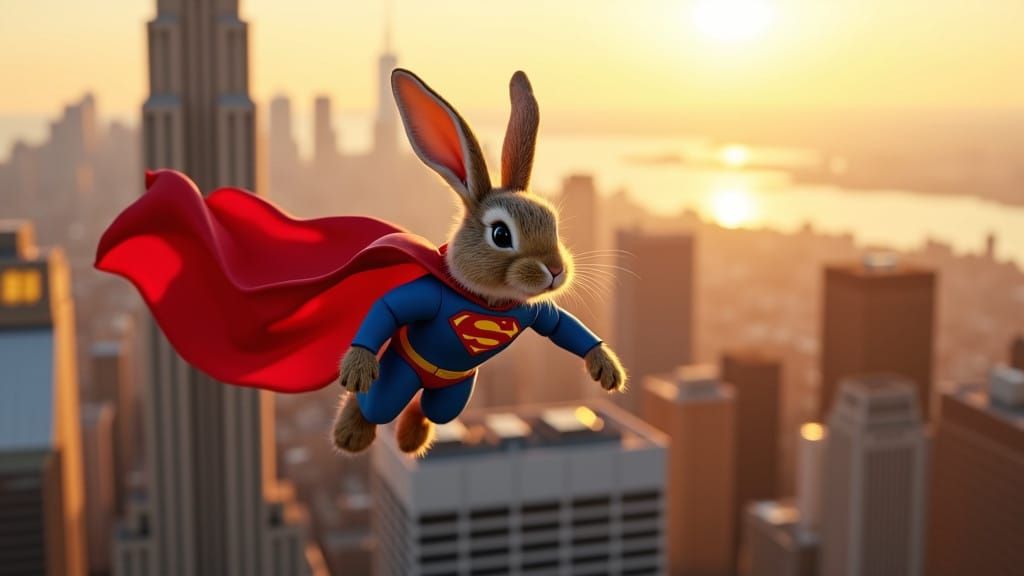 Super Bunny Conquers the City in Dazzling Golden Hour