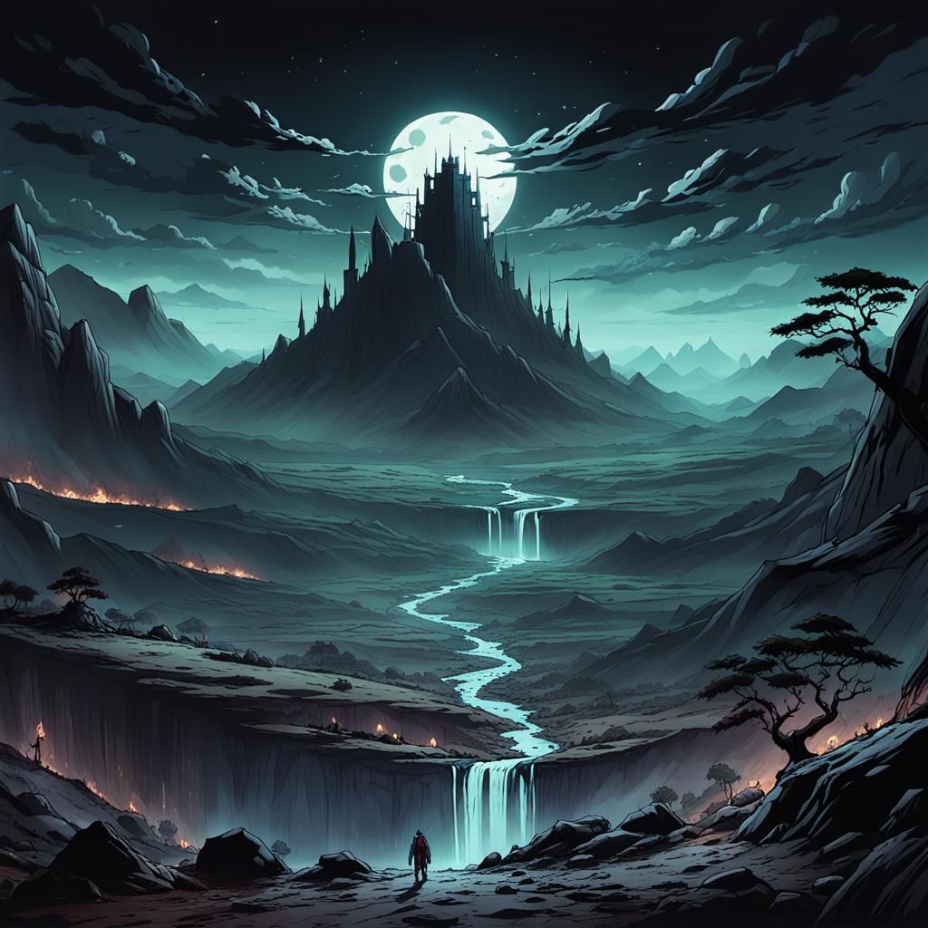Dark Fantasy Valley of Syathor in Anime Style