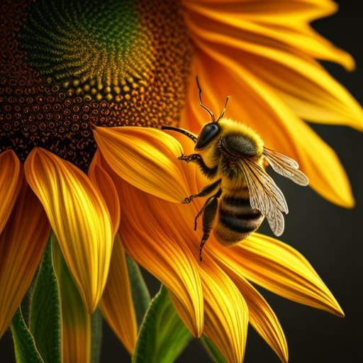 Bees on Sunflower: Hyperrealistic Digital Masterpiece