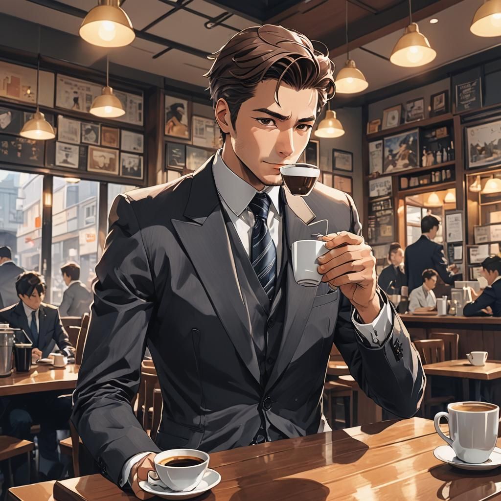 Anime Man in Suit Drinking Coffee