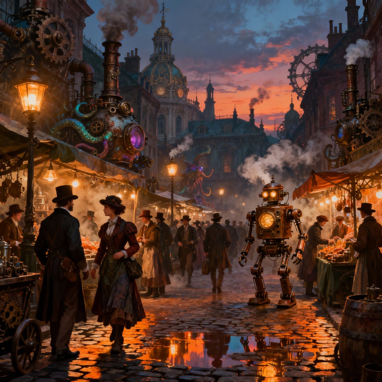 Victorian Steampunk Market at Dusk: Detailed Matte Painting