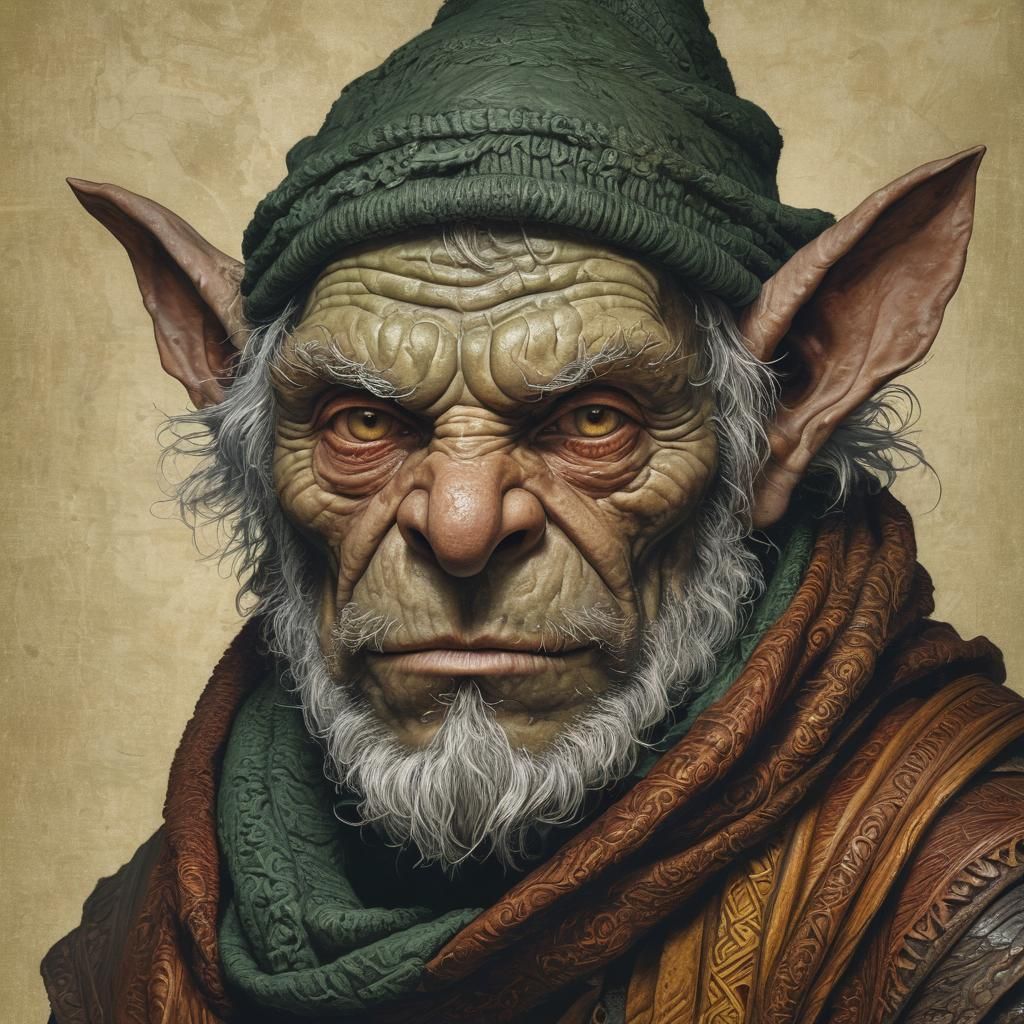 Goblin Alchemist Portrait in Woodcut Style