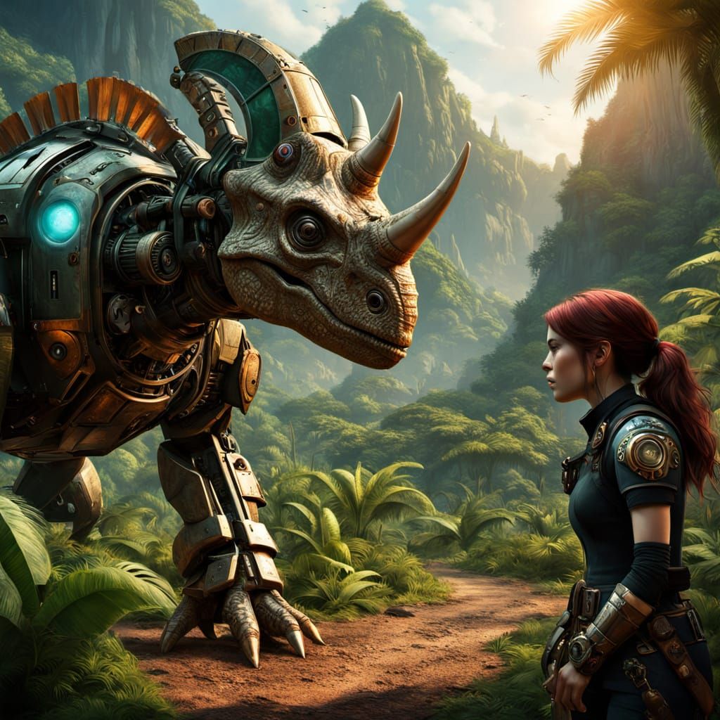 Triceratops vs Steampunk Woman in Tropical Landscape