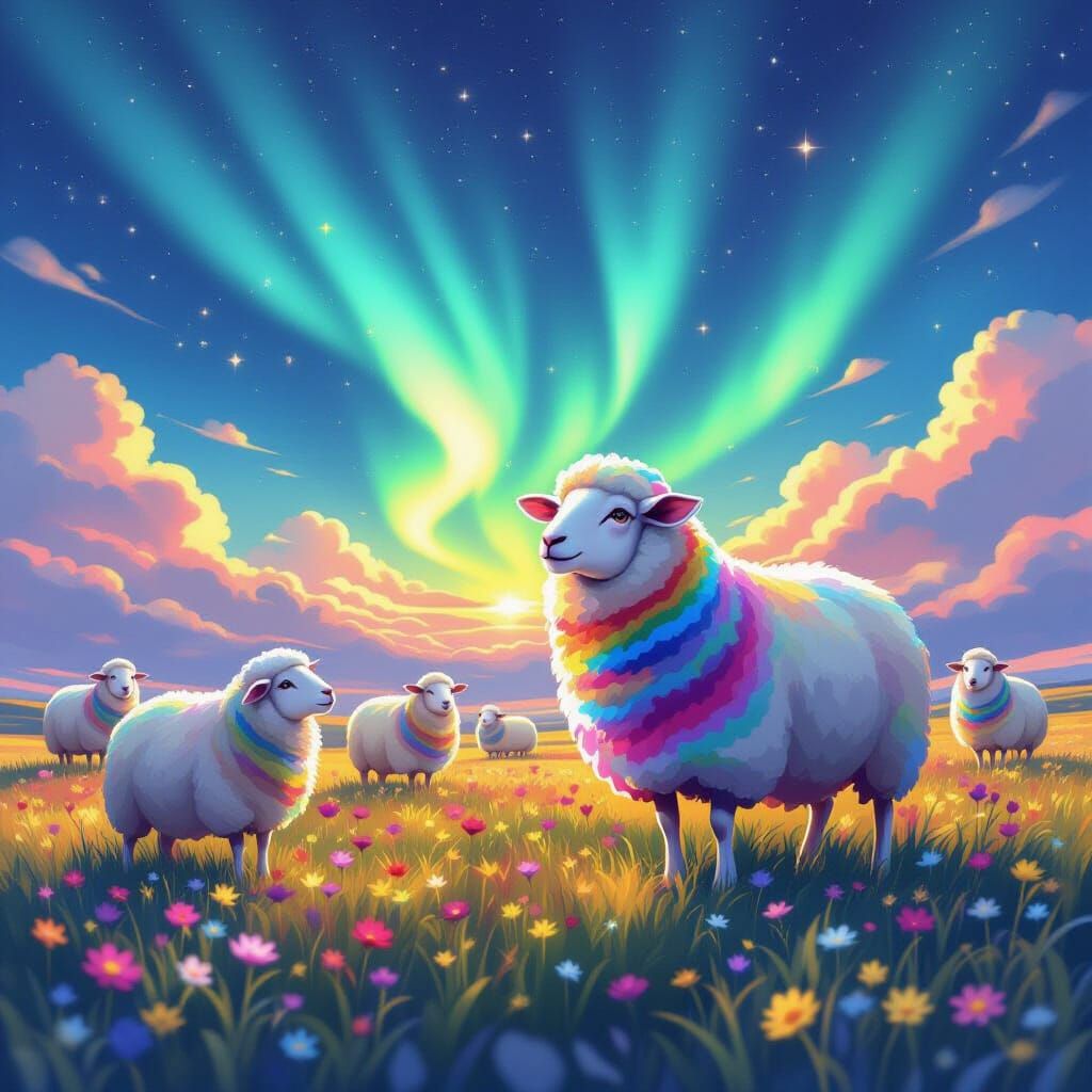 Rainbow Sheep Grazing in Cloud Field Under Aurora Borealis