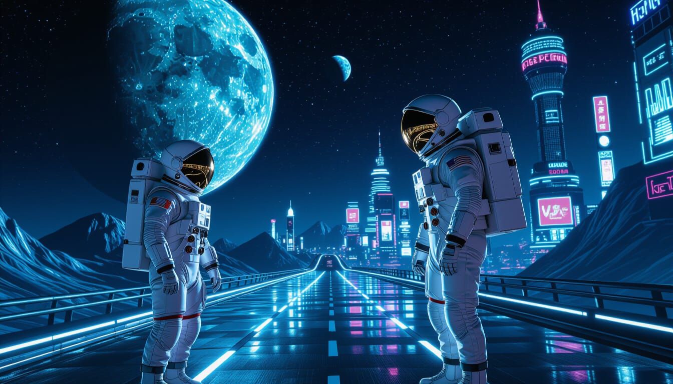 Astronaut Observes Futuristic Floating City on Alien Moon