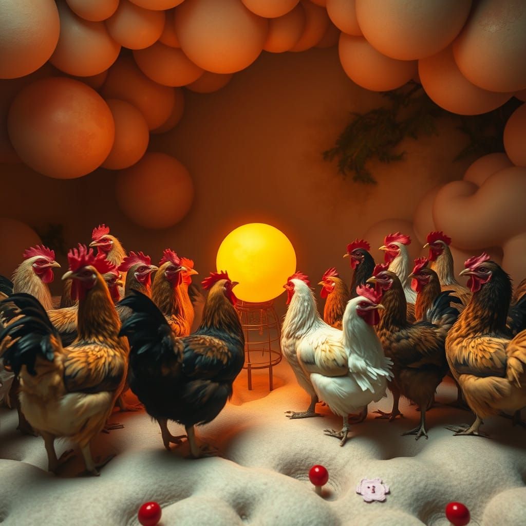 Chickens Gather around Glowing Solar Entity in Whimsical Dre...