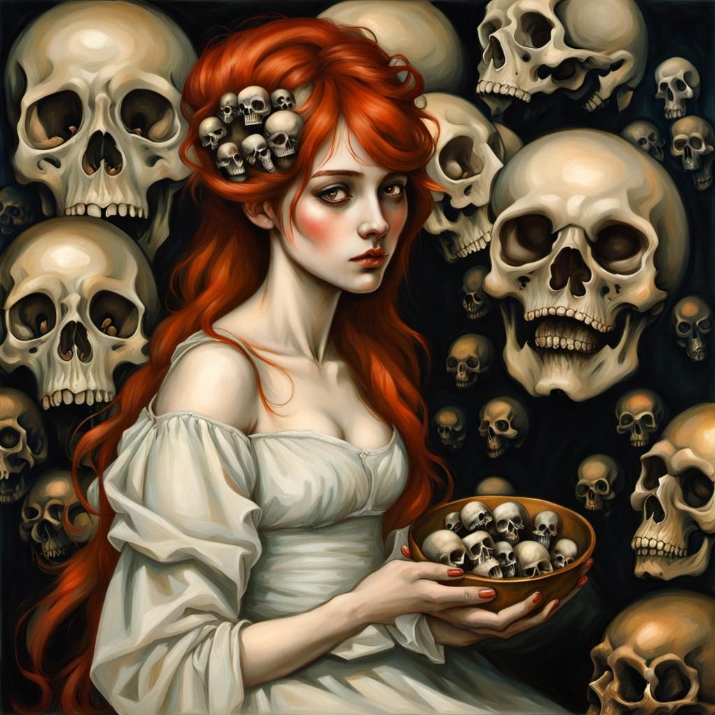 Ethereal Goth Girl Surrounded by Skulls: Surrealist Image