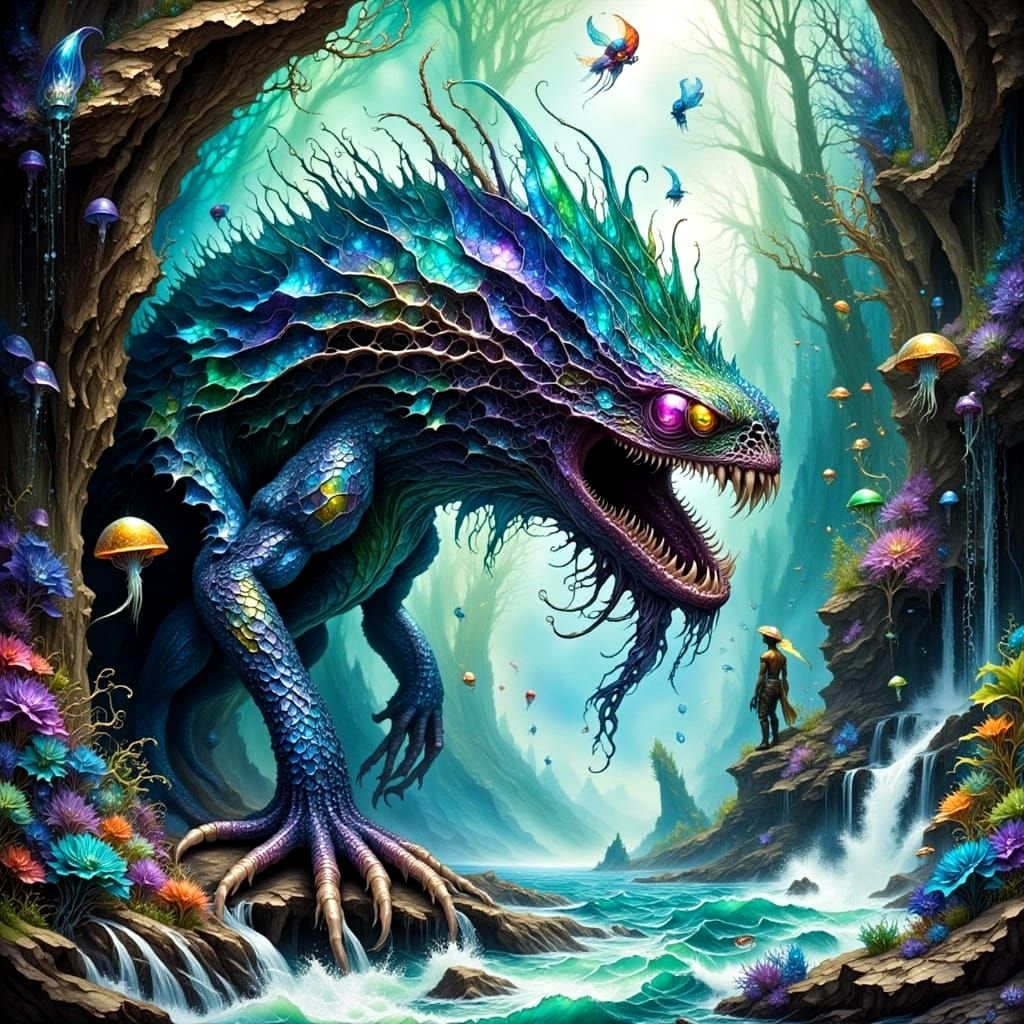 Intricate Monster Clinging to Cliff Over Wavy River with Fly...