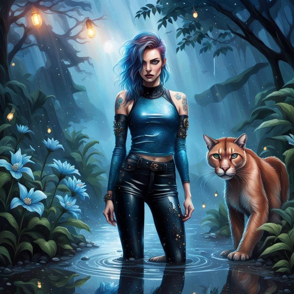 Punk Girl and Cougar in Foggy Jungle