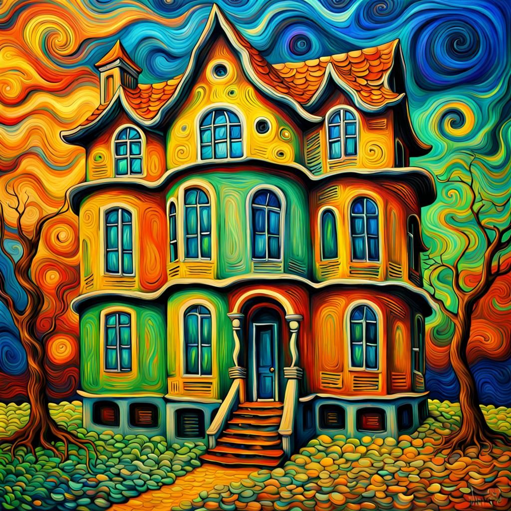 Abstract House in Vivid Psychedelic Colors