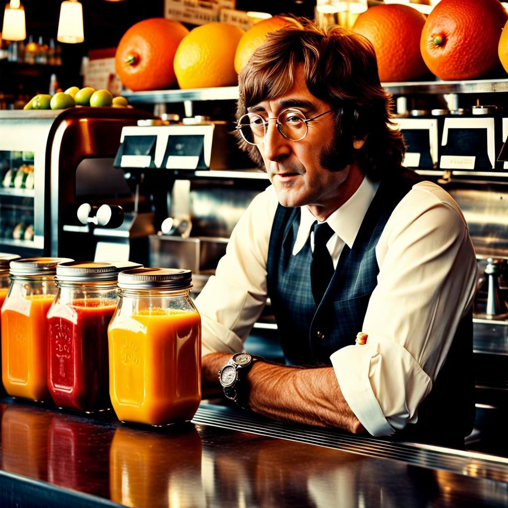 John Lennon's Whimsical Juice Bar: Hyperrealistic Portrait