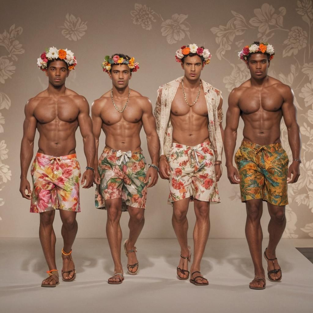 Diverse Male Models Showcase Floral Crowns on Runway