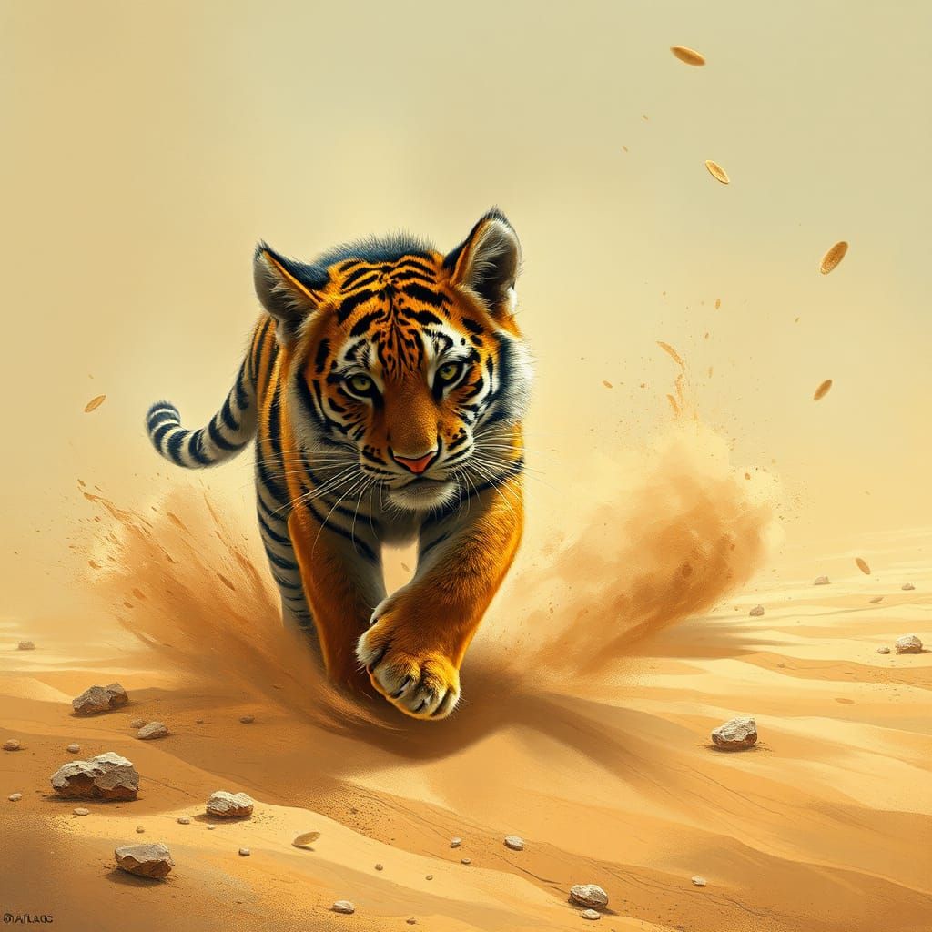 Magical Tiger Cub Runs Through Desert Sandstorm