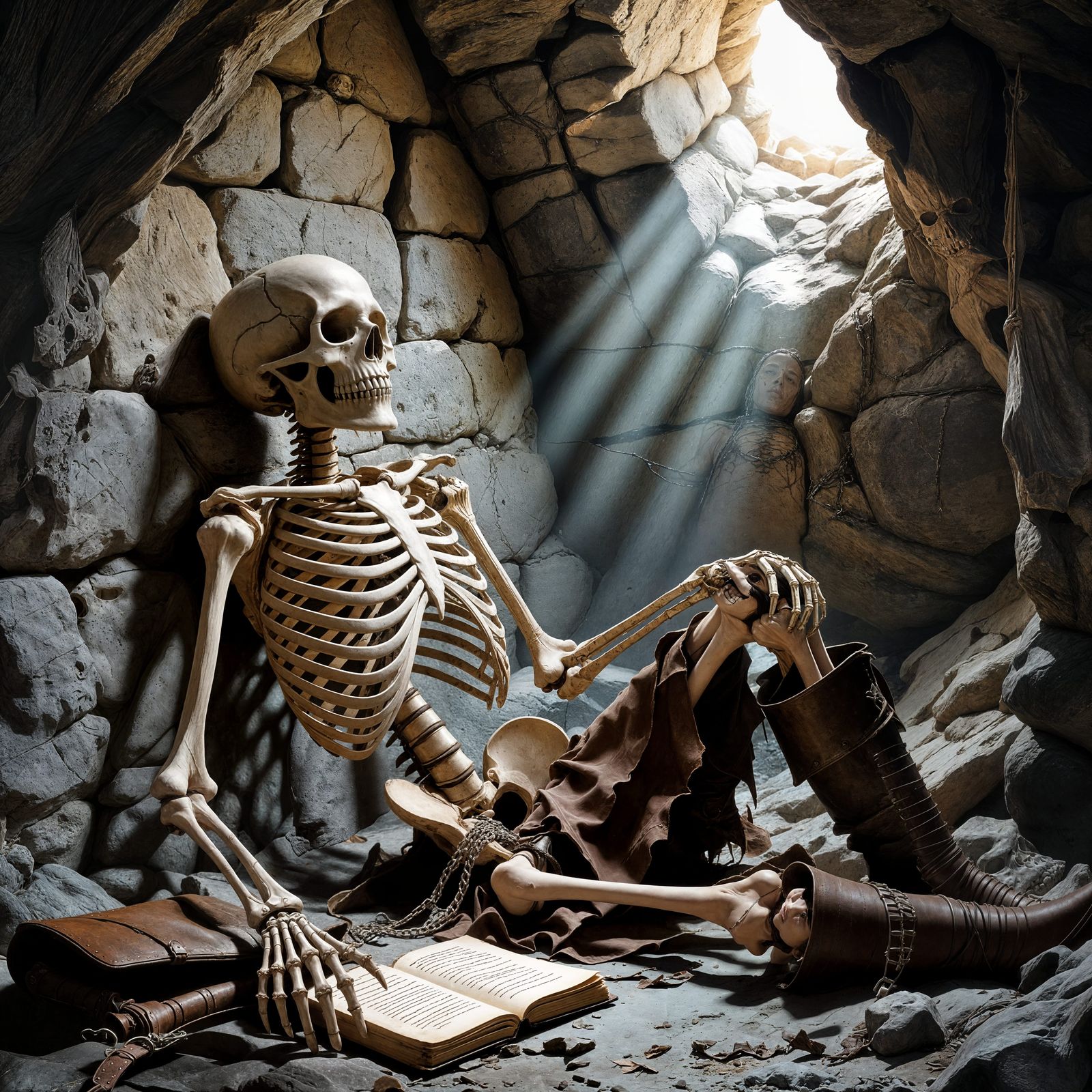 Skeletal Warrior Rests in Chiaroscuro Dungeon