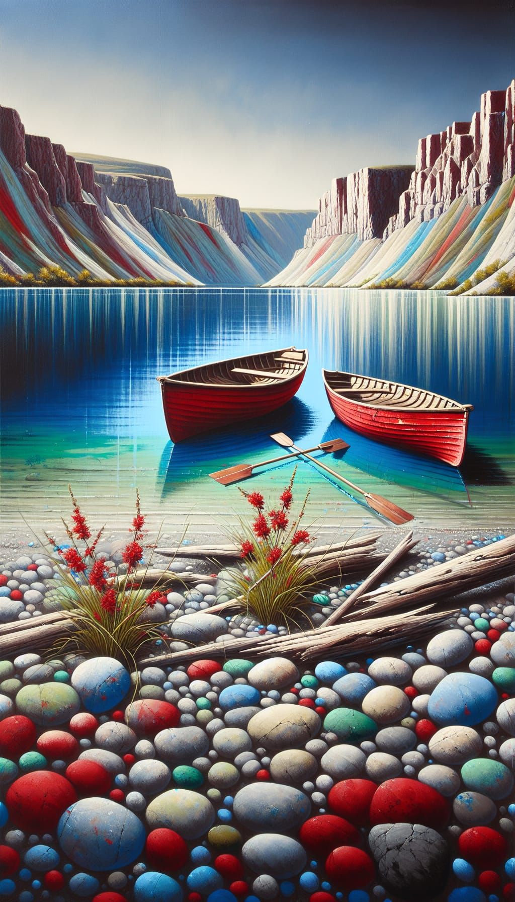 Rowing Boats on Tranquil Lake in Atmospheric Style