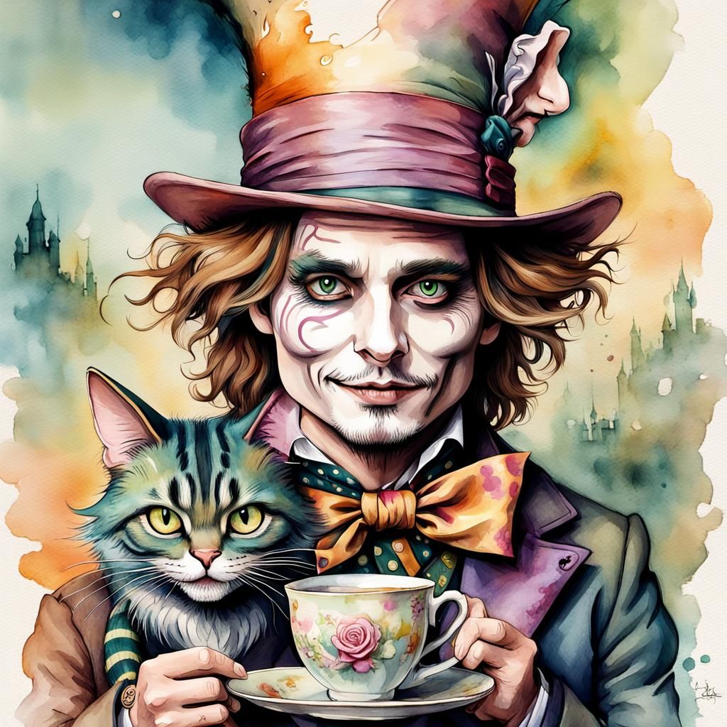 Mad Hatter and Cheshire Cat Whimsical Illustration