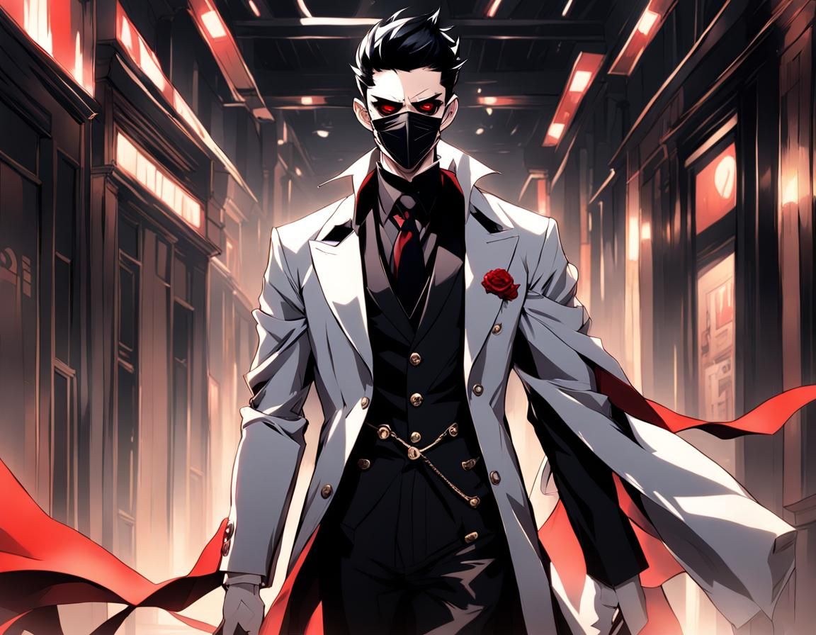 Villainous Anime Man with Mask and Red Eyes
