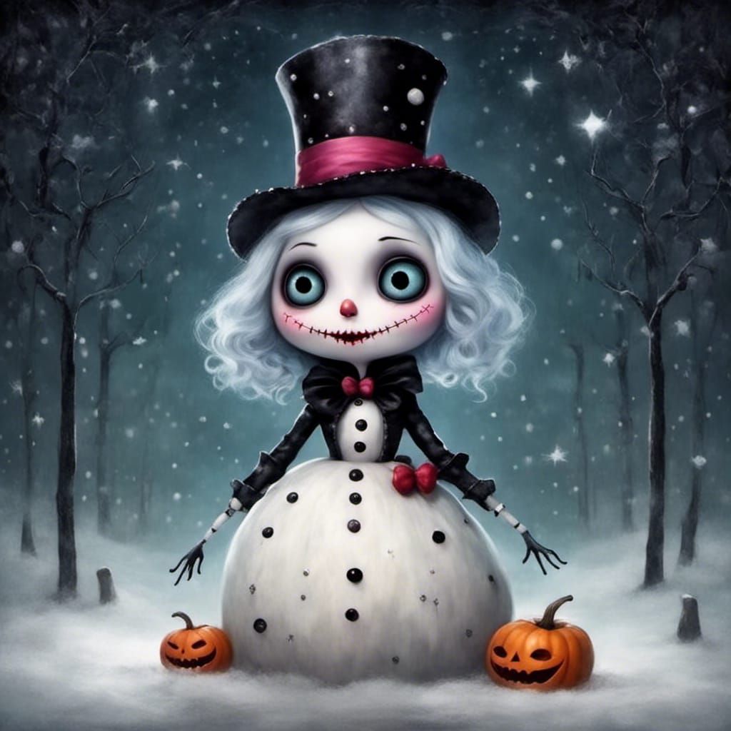 Creepy Cute Halloween Snowman in Glitterpunk Style