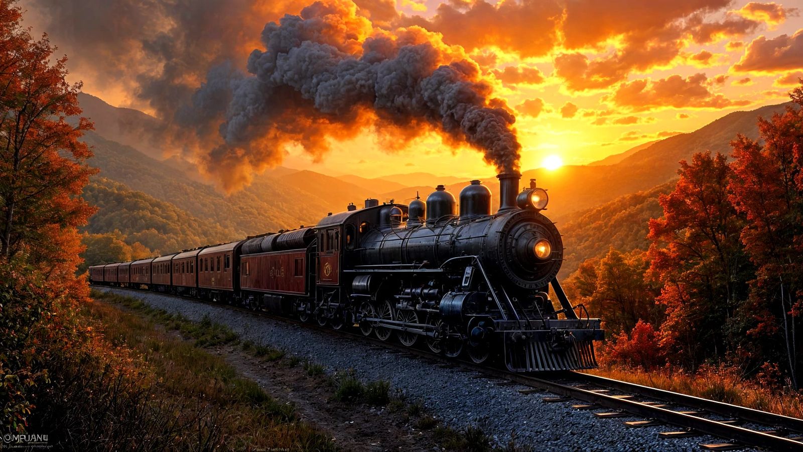An 1890’s era steam locomotive headed towards the setting su...