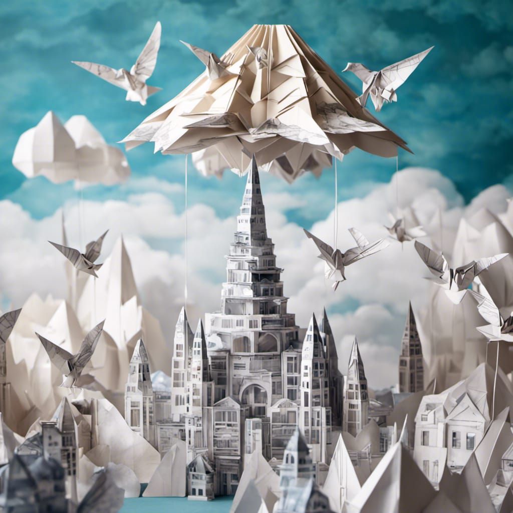 Origami Cloud City with Tower and Birds