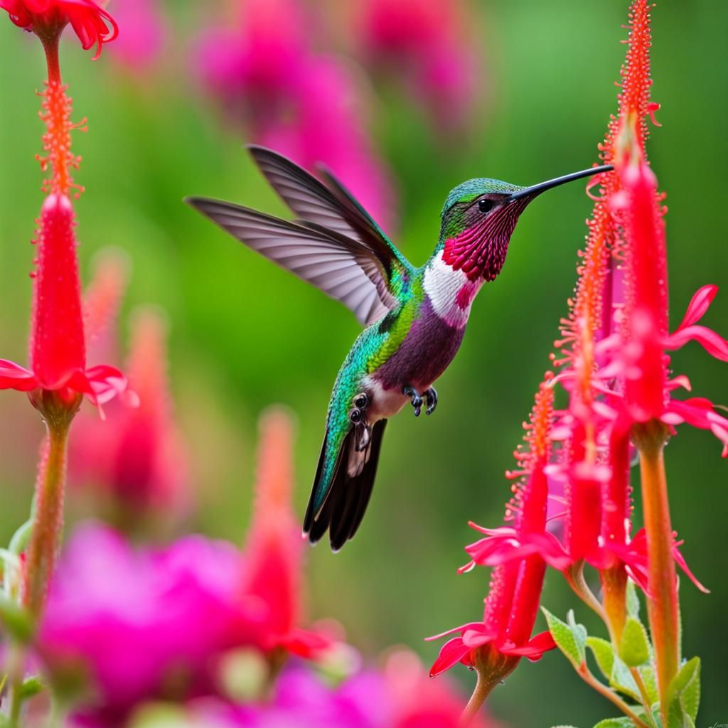 Hummingbird Sipping Nectar From Fuchsia Plant