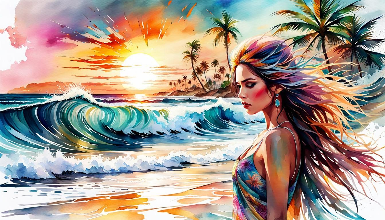 Queen of Waves: Digital Watercolor Summerscape
