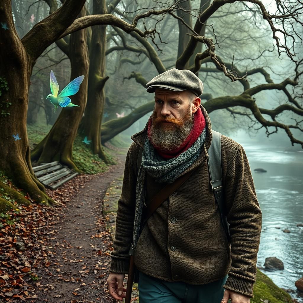 Irishman and Fairies in Mystical Forest Scene