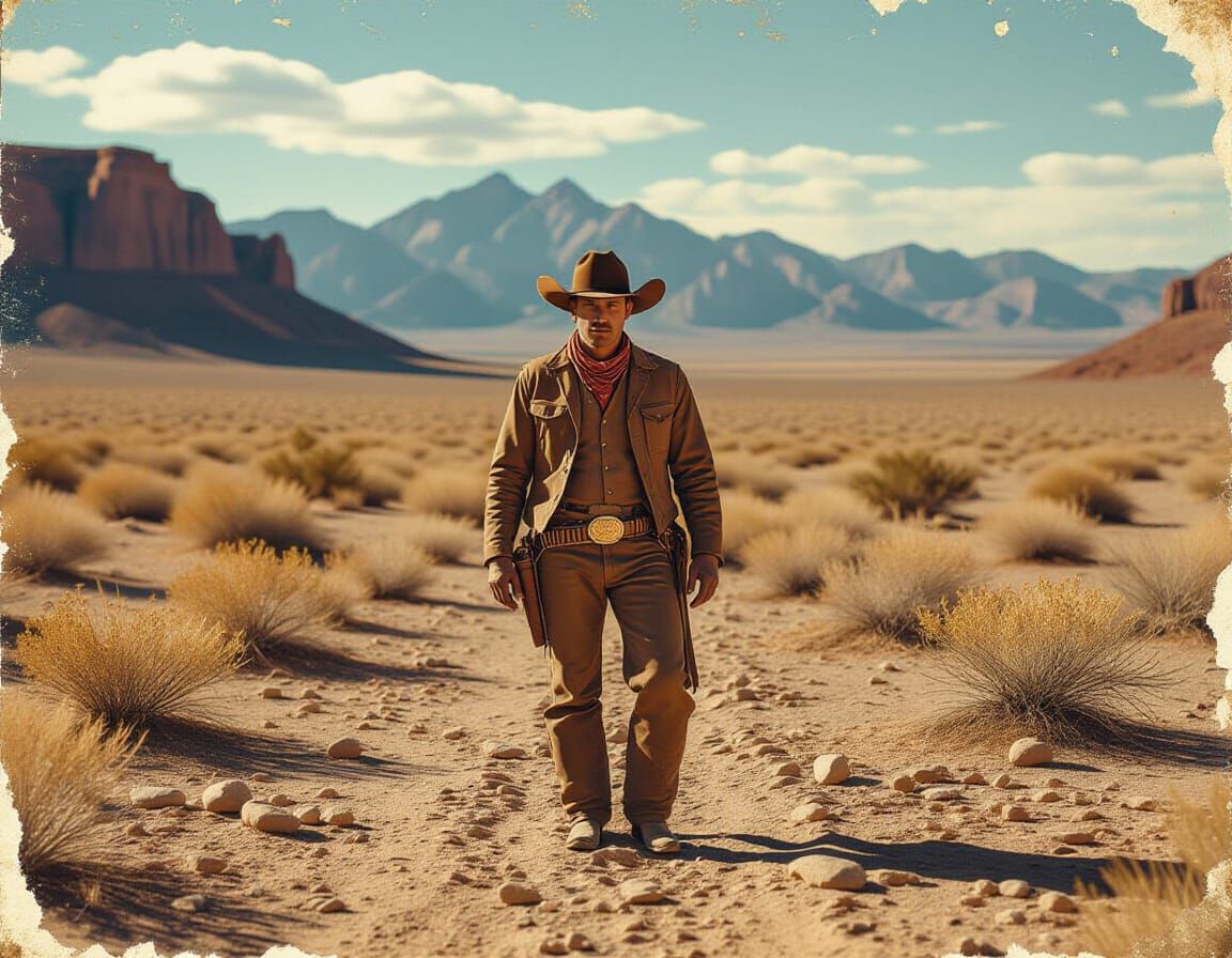Worn Cowboy in Desert Landscape: Vintage Western Photo