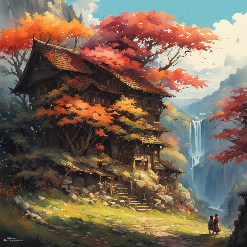 Colorful Watercolor House Overgrown with Trees