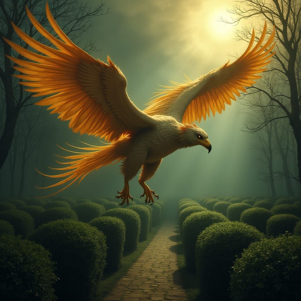 Griffin Soaring Above Labyrinth in Gothic Art Nouveau Style