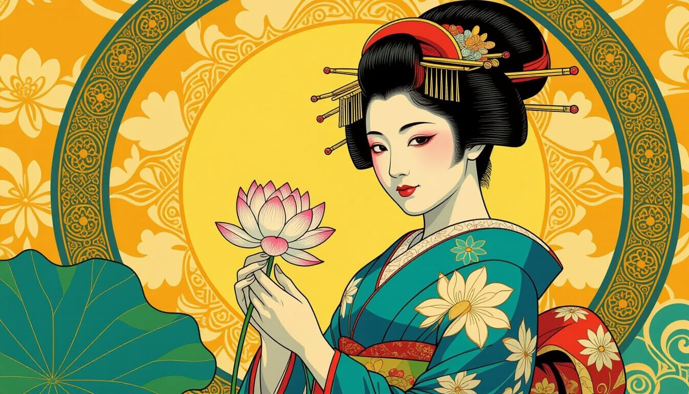 Geisha with Lotus Blossom in Hyperrealistic Style