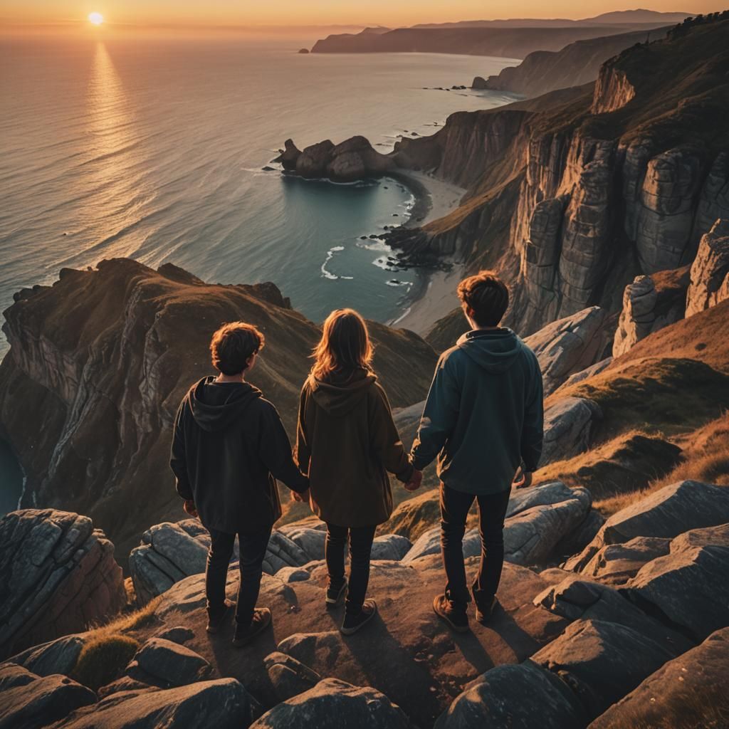 Friends Watching Sunset on Cliff: Cinematic Film Still