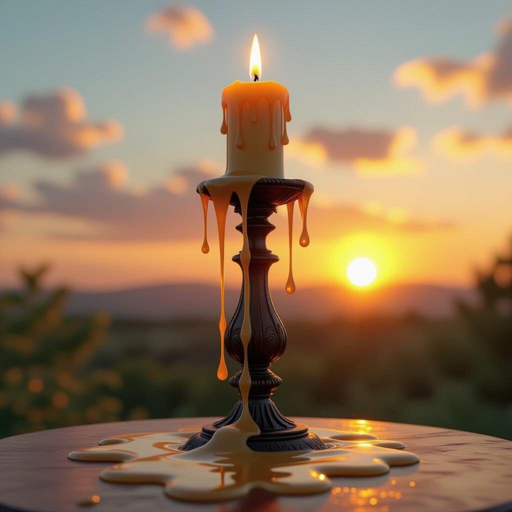 Tall Candlestick with Colorful Wax Drips in Golden Hour Ligh...