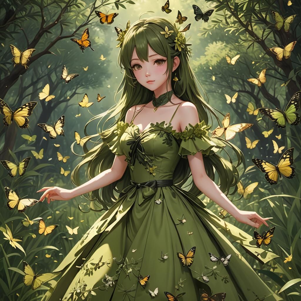 Anime Girl in Olive Green Gown, 3D Anime Art