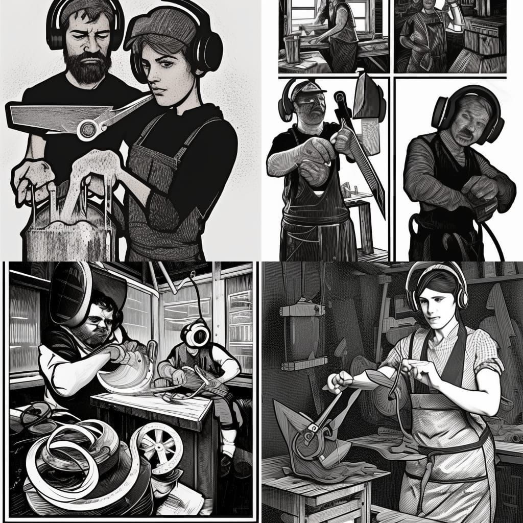 Black and White Linocut of Workers Forging Scissors