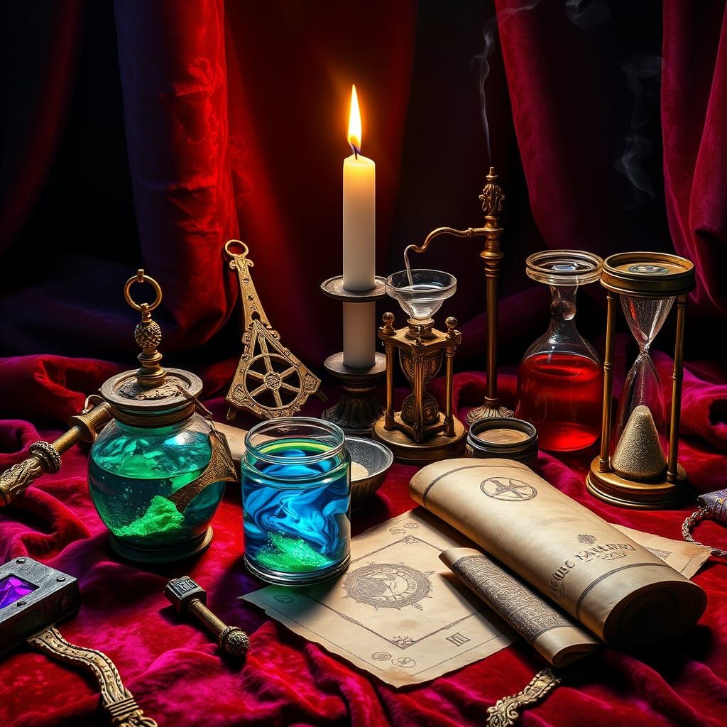 Baroque Wizard's Study with Vibrant Potions and Brass Instru...