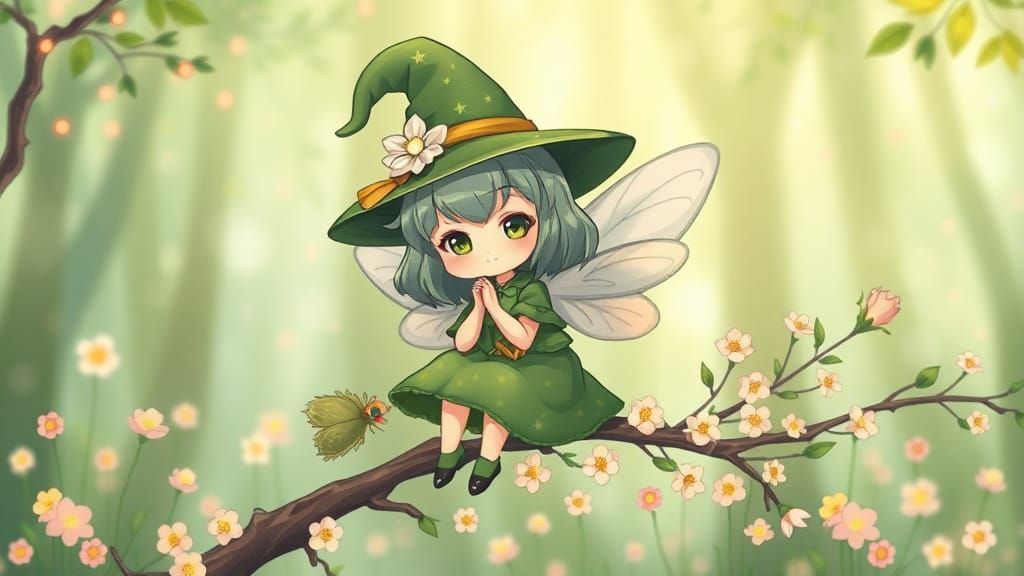 Chibi Green Witch with Flowery Wings