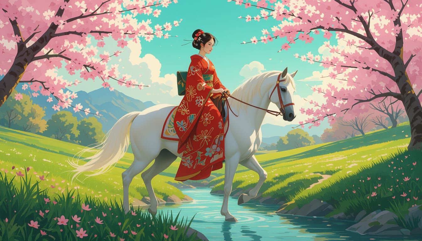 Woman in Kimono Riding Horse Art Nouveau Style