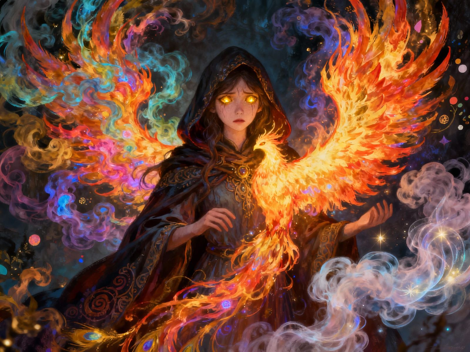 Cloaked Sorceress with Phoenix Magic, Joyful and Sad