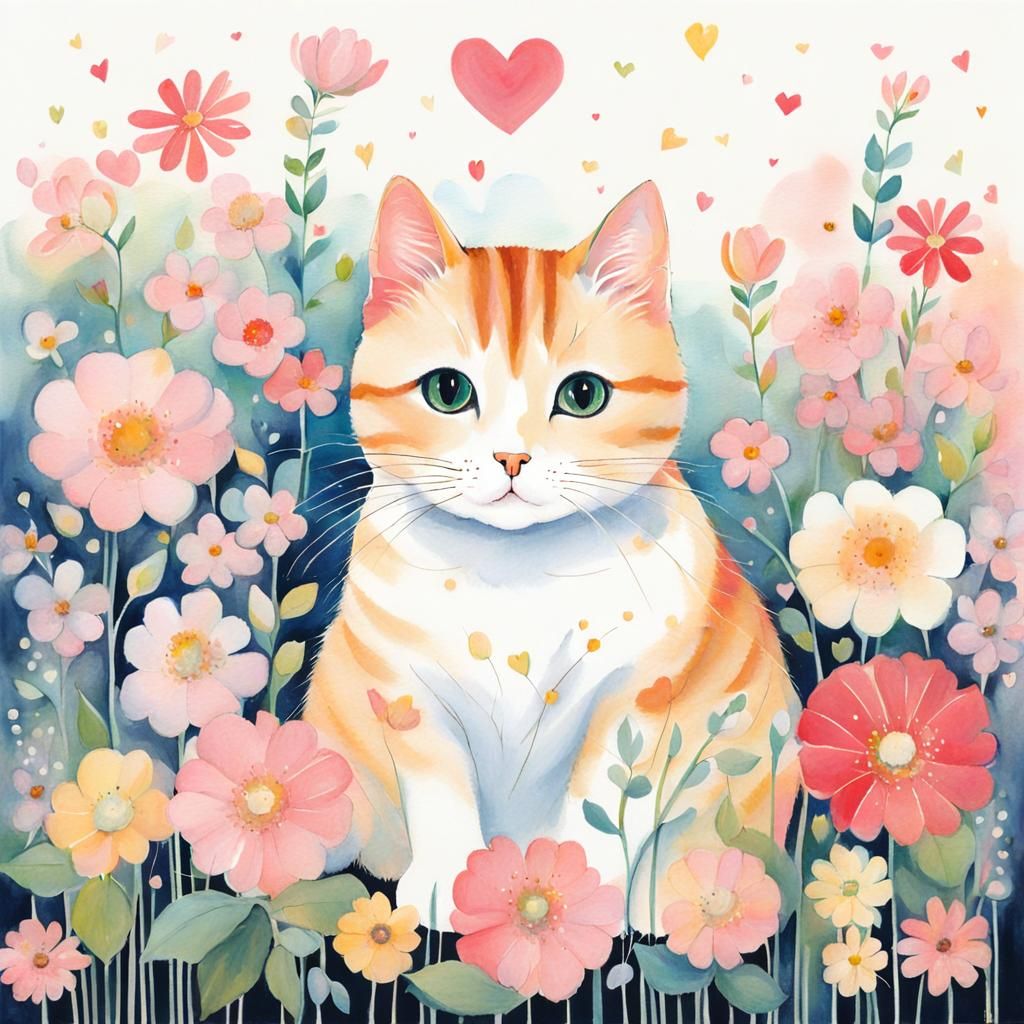 Cat Surrounded by Flowers in Anime Style