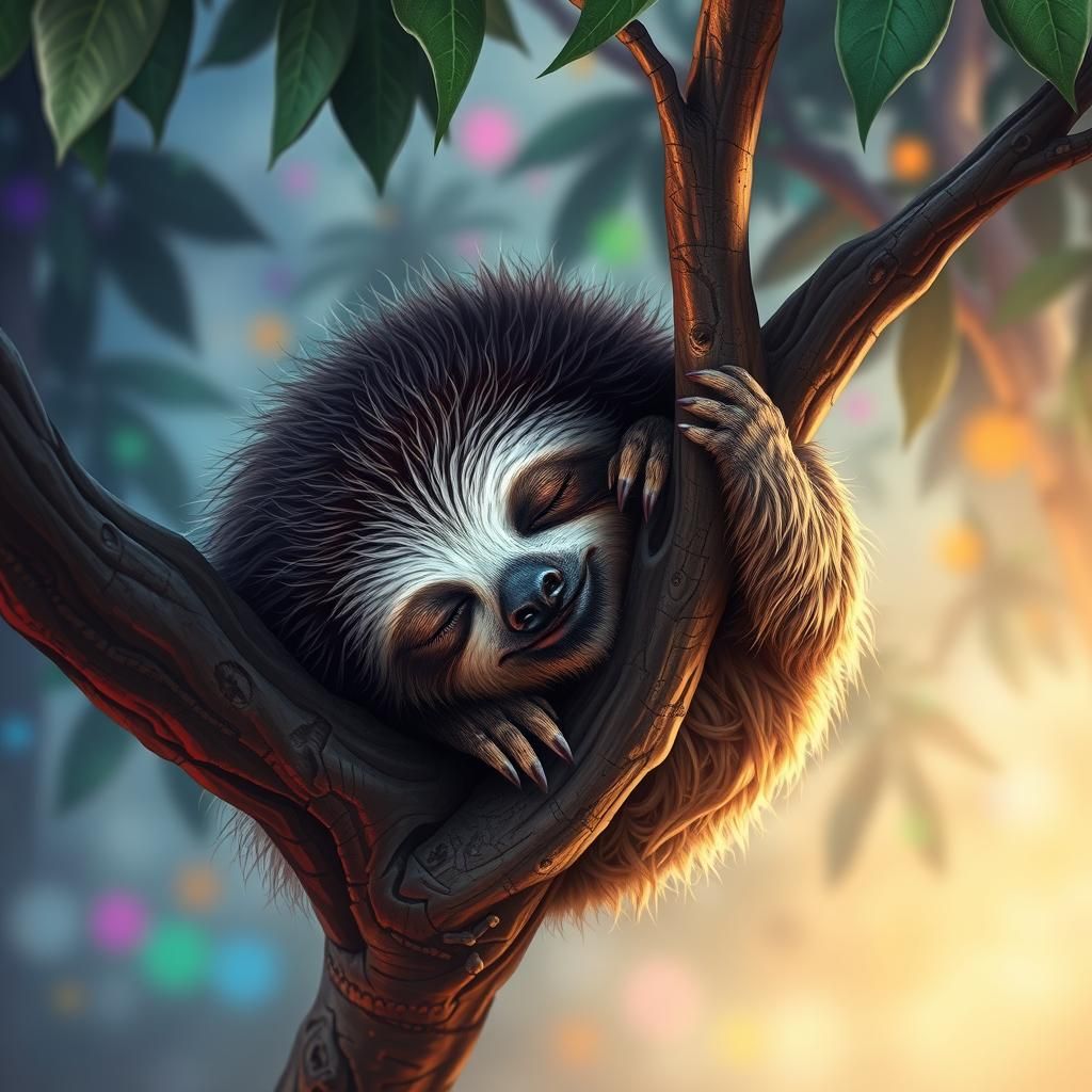 Adorable Baby Sloth Sleeping on Branch
