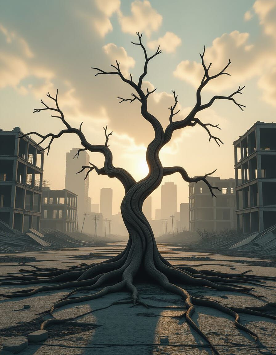 Resilient Tree in Post-Apocalyptic Cityscape