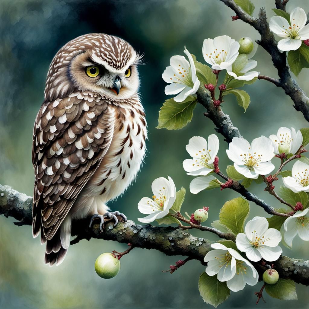 Whimsical Owl Amidst Blooming Apple Tree