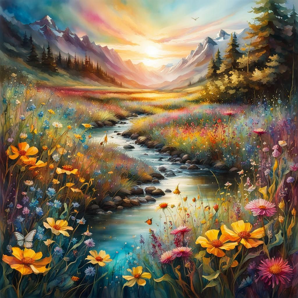 Stained Glass Flower Meadow in Digital Watercolor